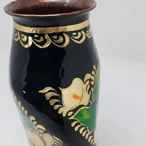 Vintage Black Floral twisted Cloisonné 7" vase Lilly and butterfly hand painted - Picture 5 of 10